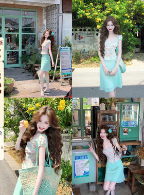 1套立减10元【夏日青桃】纯欲碎花蕾丝上衣短袖T恤半身裙套装女夏