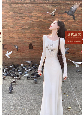 吃绿色菜【白兰】新中式素雅弹力连衣裙女秋夏收腰水墨印花裙子