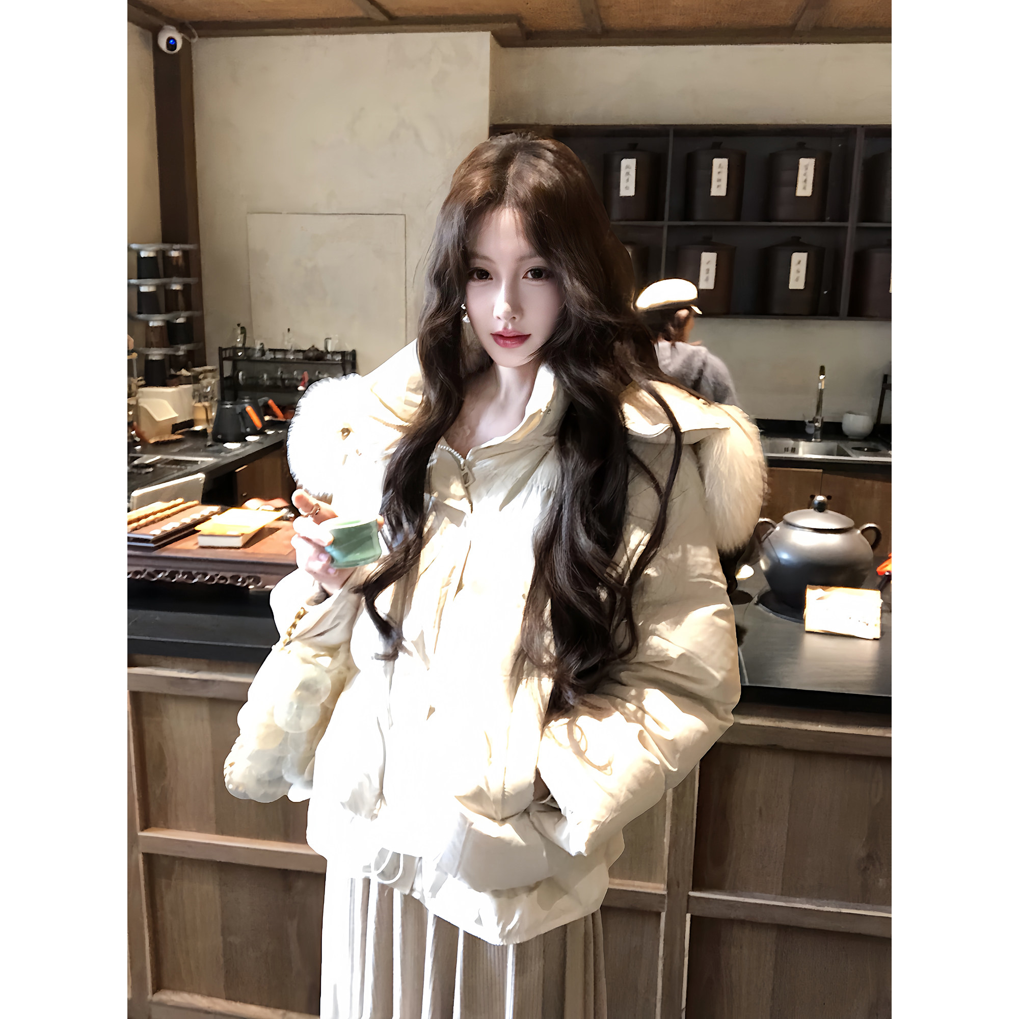 吃绿色菜【绒雪 圣诞新品】韩系狐狸毛领90白鸭绒短款羽绒服外套