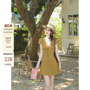 vintage定制波点v领蝴蝶结系带连衣短裙 法式 吃绿色菜 可露莉