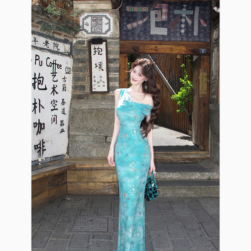 吃绿色菜气质印花两穿弹力连衣裙