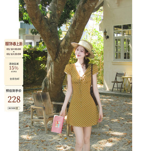 吃绿色菜【可露莉】法式 vintage定制波点v领蝴蝶结系带连衣短裙