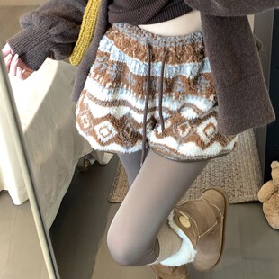 新秋冬短裤羊羔毛阔腿短裤女冬季加厚保暖毛绒绒高腰休闲抽绳热裤