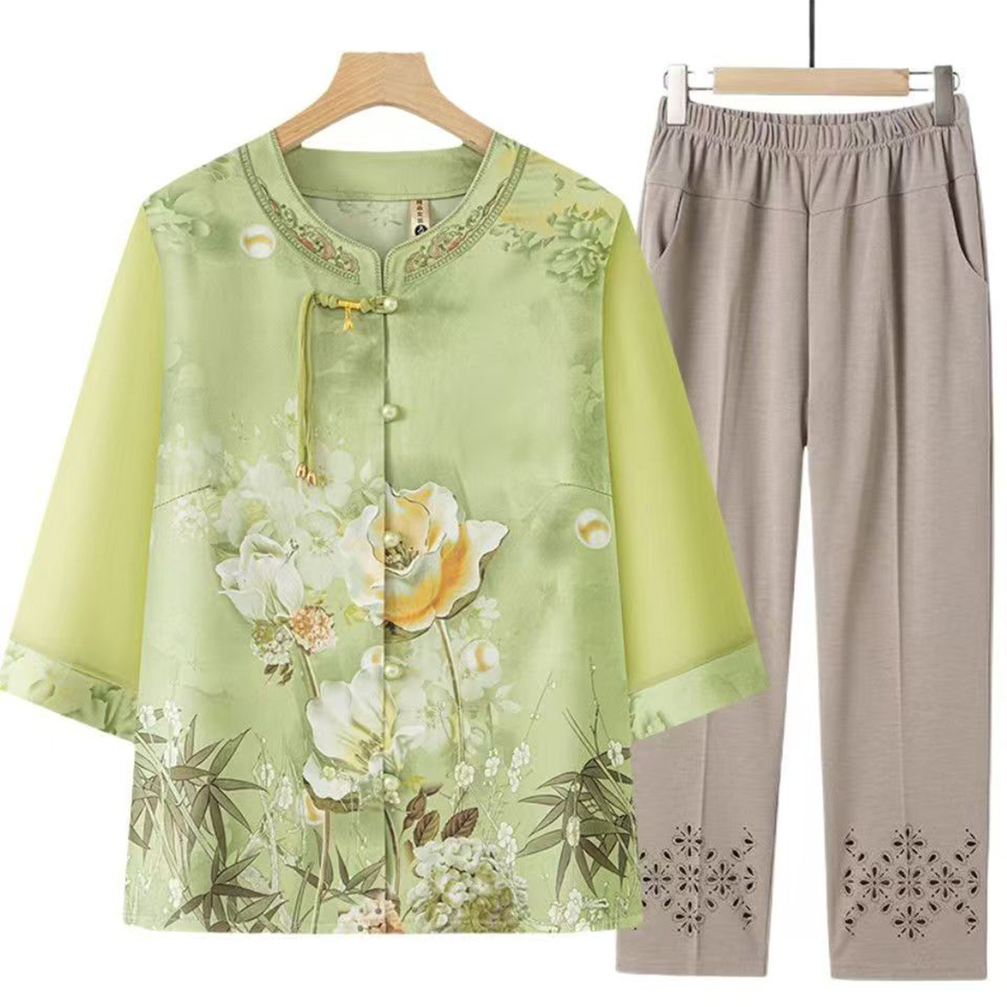 妈妈夏装国风印花两件套显瘦