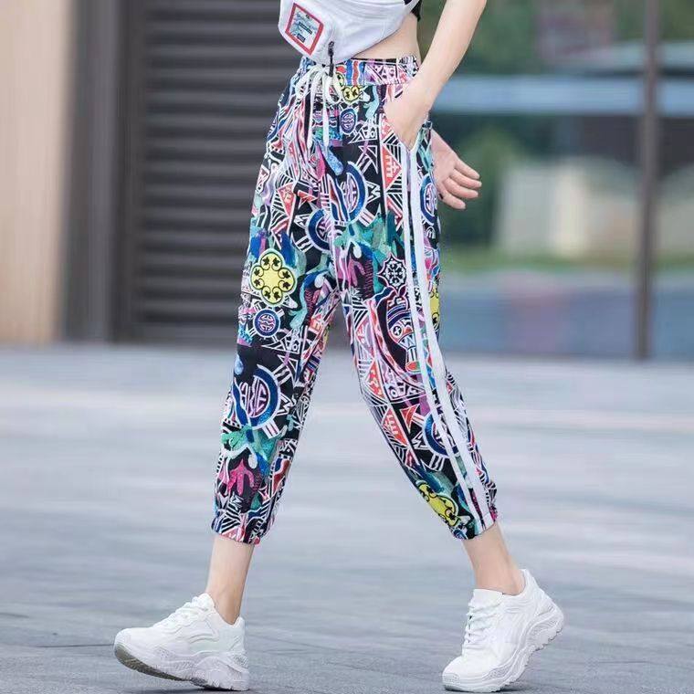 运动花裤子宽松束脚女潮沙滩裤夏季薄款休闲女裤九分显瘦哈伦裤