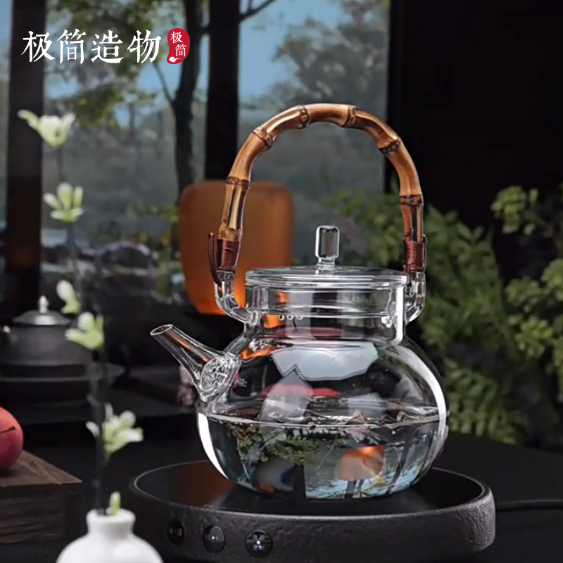 电陶炉煮茶壶高硼硅玻璃竹把提梁