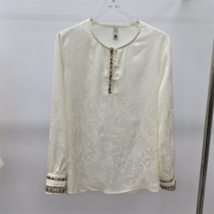 上衣春夏小衫 新中式 薄款 女长袖 风刺绣钉珠圆领衬衫