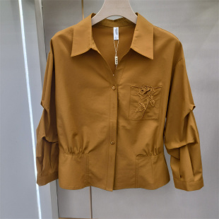 上衣专柜正品 时尚 翻领扣子洋气减龄小衫 女九分袖 休闲风刺绣衬衫