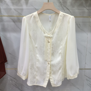 上衣中年妈妈女装 新中式 V领盘扣显瘦国风小衫 长袖 风缎面提花衬衫