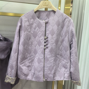 圆领菱形格短外套女宽松百搭减龄印花拼接夹克正品 2026春季 时尚