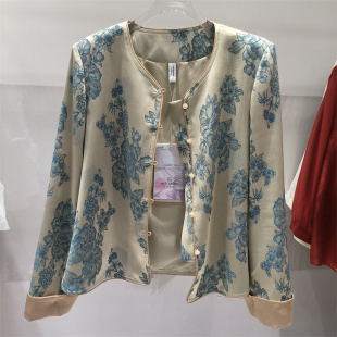 显瘦气质高级感外套妈妈女装 新中式 圆领开衫 女长袖 国风印花衬衫