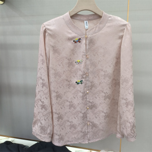 中年妈妈女装 新中式 宽松圆领盘扣上衣国风女装 女长袖 风刺绣衬衫