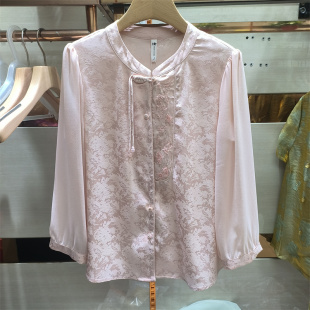 系带长袖 女春季 国风上衣小衫 专柜正品 新中式 妈妈装 风提花缎面衬衫