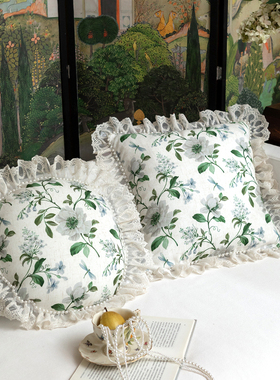 亚麻沙发抱枕靠垫美式田园荷叶边客厅靠背法式复古花卉腰枕套靠枕