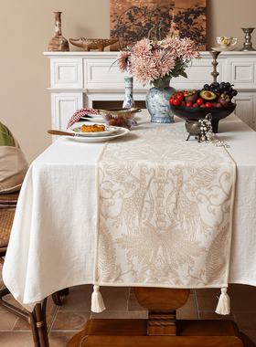 美式桌旗高级感米色提花餐桌布艺长条形边柜复古风电视柜茶几台布