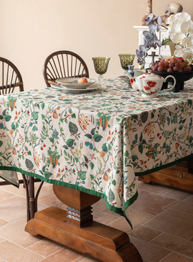 亚麻桌布防水餐桌布艺美式田园风花卉小清新茶几布新中式台布绿色