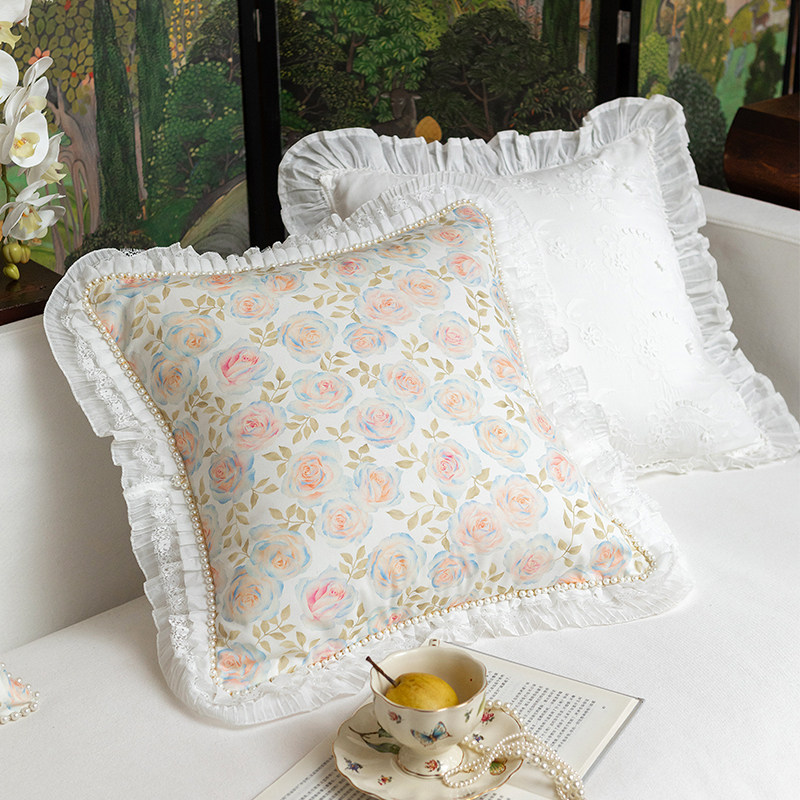 法式复古沙发抱枕靠垫珍珠荷叶边客厅靠背玫瑰花腰枕套靠枕套定制