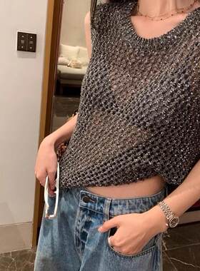 纱网微透无袖背心流金麻背心女