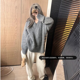 慵懒风混色V领宽松复古外穿内搭oversize加厚套头打底毛衣女秋冬