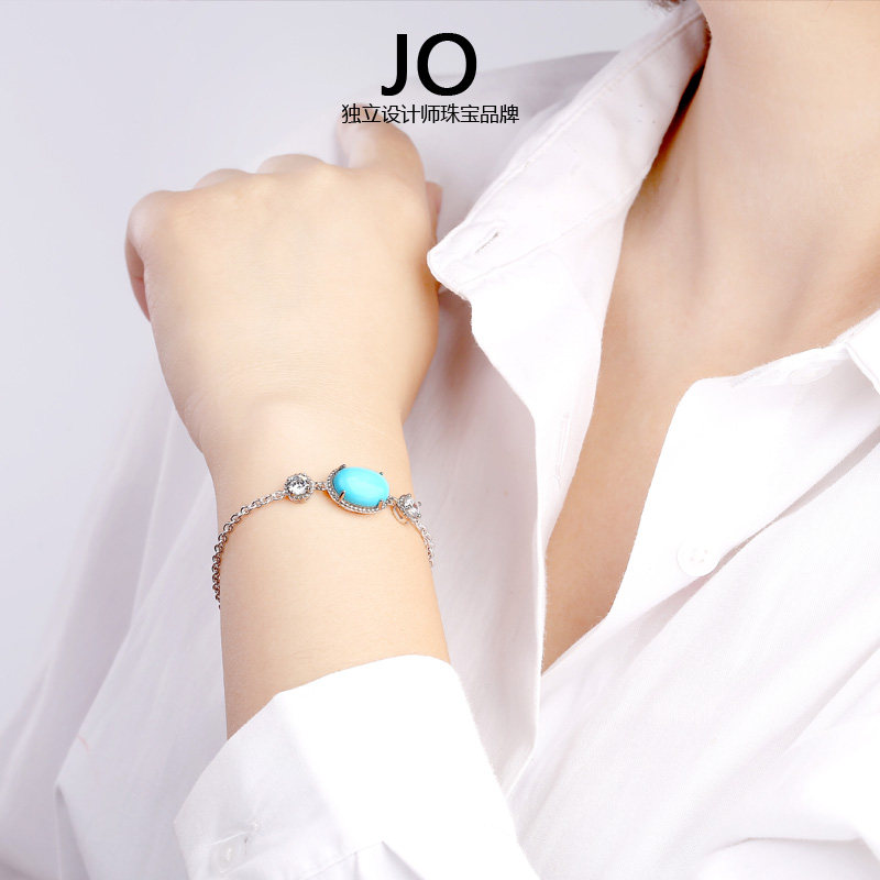 蓝色宝石原矿绿松石S925纯银玫瑰金女手链椭圆个性手环送闺蜜礼物在类目 饰品/流行首饰/时尚饰品新, 手链中 - 来自Buy2taobao.com提供专业的淘宝代购服务