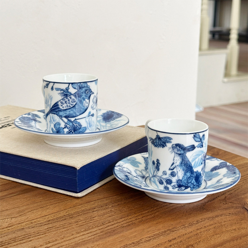 景德镇陶瓷青花瓷咖啡杯新中式复古花鸟兔子小茶杯花茶杯意式浓缩