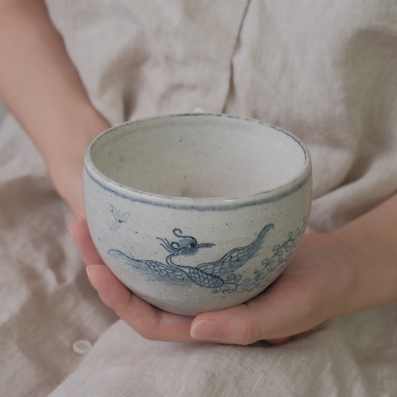 景德镇陶瓷杯蛋杯大容量拿铁杯抹茶碗丸子杯纯手工手绘凤凰青花