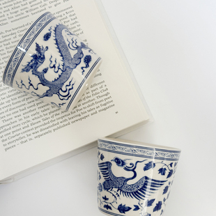 景德镇陶瓷青花咖啡杯釉下彩传统图案文艺猪口杯手工仿元青花拉花