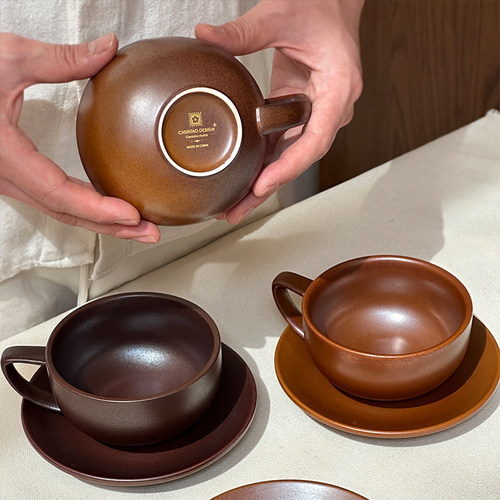 司墨陶艺景德镇陶瓷窑变效果棕色咖啡杯拿铁拉花杯厚壁大容量中式