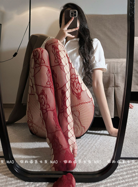 欲望玫瑰*渔网袜女红色侧面网格玫瑰提花性感镂空丝袜连裤袜黑丝