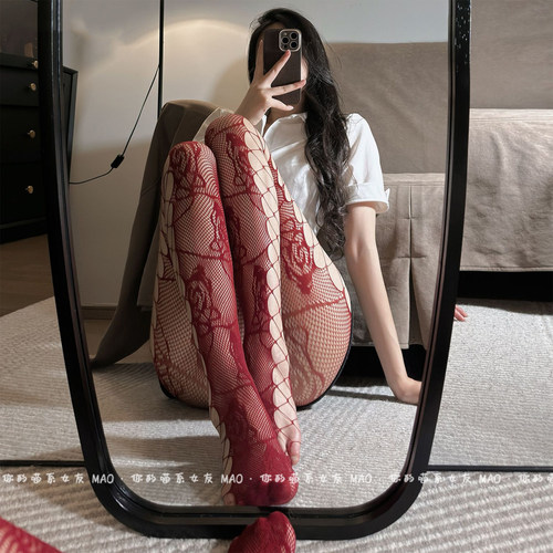 性感侧面镂空连裤提花渔网袜女