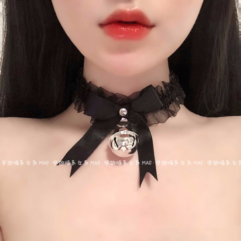 黑色蝴蝶结小铃铛项链女软萌可爱锁骨项圈颈带脖环饰品choker白色