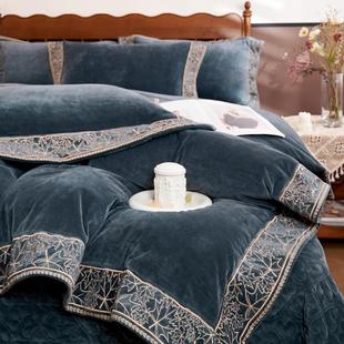 冬季加厚牛奶绒床上四件套双面珊瑚绒被套床单床盖夹棉床笠款床品