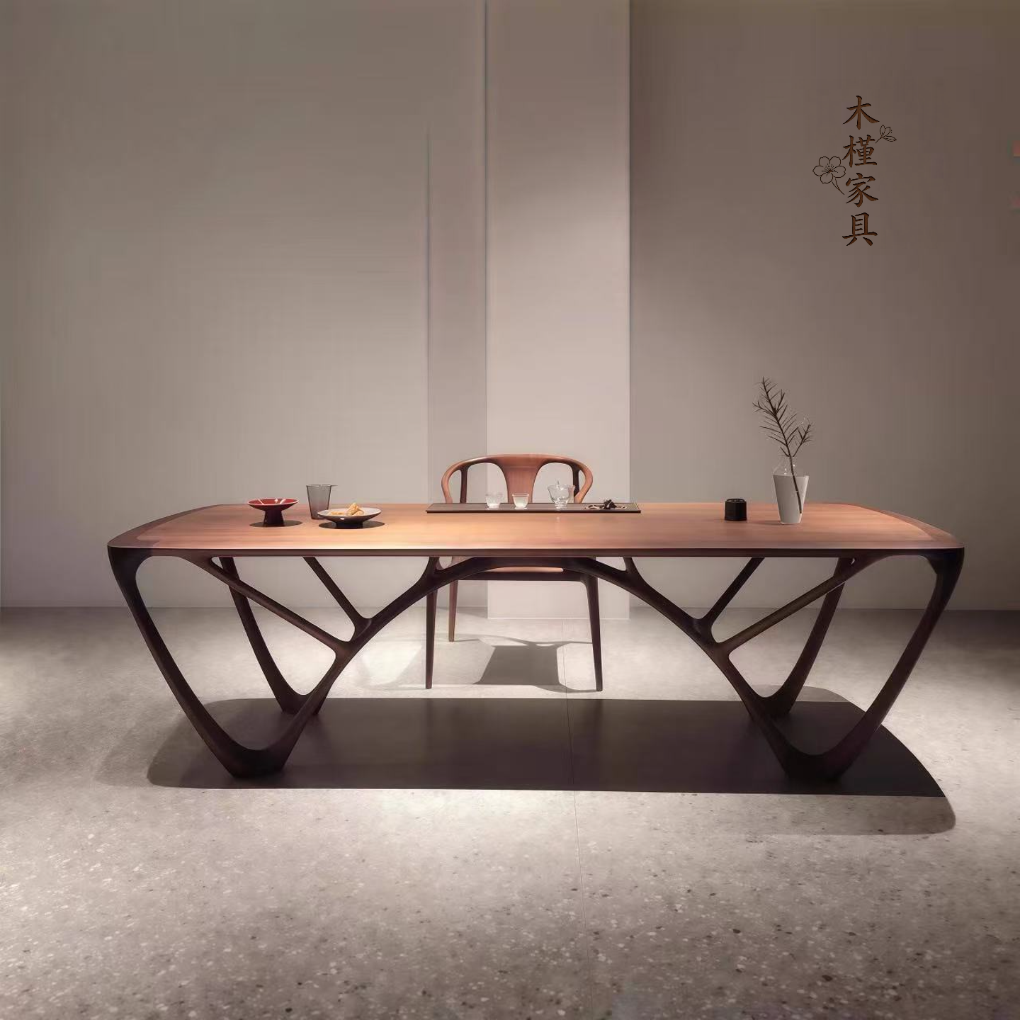 禅意拱桥茶桌弧形轻奢极简黑胡桃木茶室办公室实木泡茶台茶桌定制