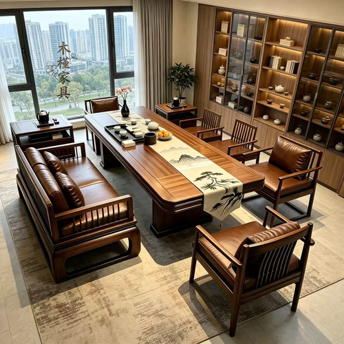 宋式简约休闲茶桌轻奢黑胡桃木
