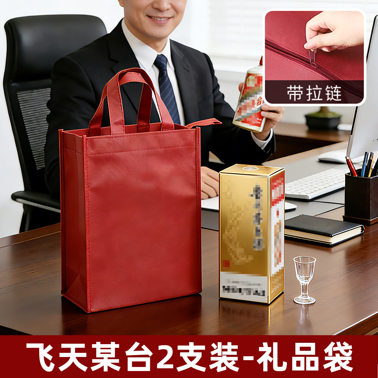 中秋白酒手提袋两瓶专用礼品袋台飞红色礼袋加厚无纺布拉链袋图片