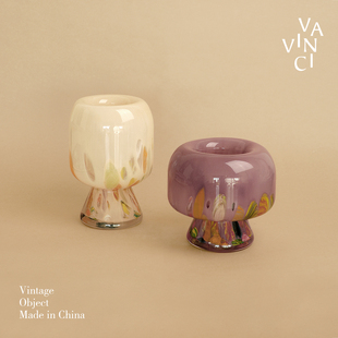 梵其法式 饰花器 中古风彩色玻璃花瓶摆件轻奢高级感客厅桌面插花装