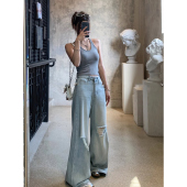 复古宽松阔腿水洗休闲喇叭拖地裤 女2025新款 破洞牛仔裤 ChENNerr