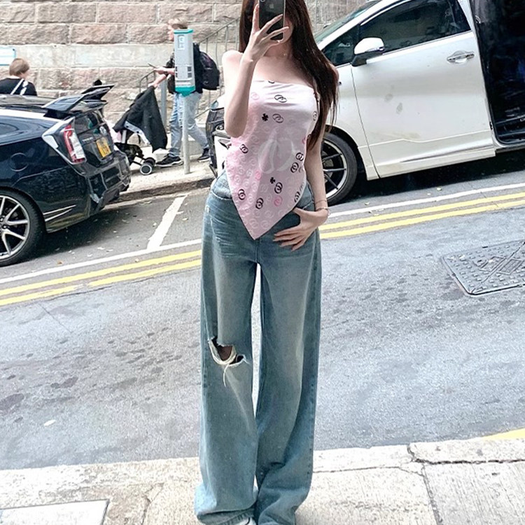 浅蓝色破洞牛仔裤女2025春夏新款