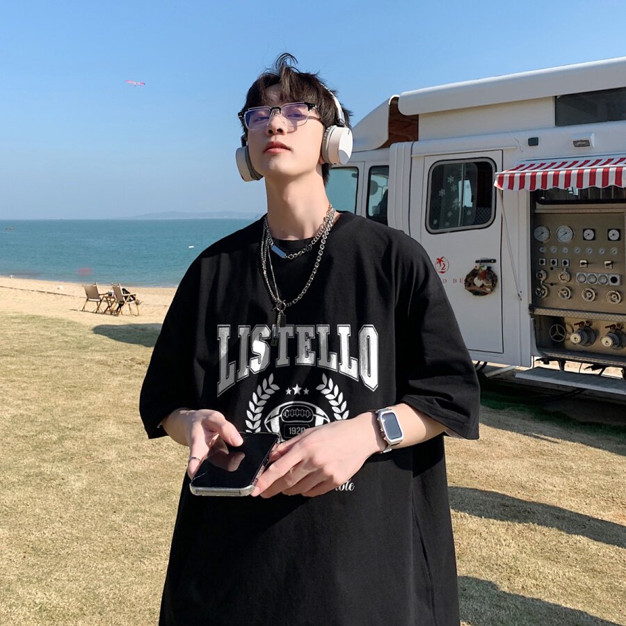 2024重磅品质纯棉港风男美式大版型宽松落肩短袖T恤Y629P25灰蓝,男装T恤,电商B219