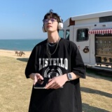 2024重磅品质纯棉港风男美式大版型宽松落肩短袖T恤Y629P25灰蓝，男装T恤，电商B219