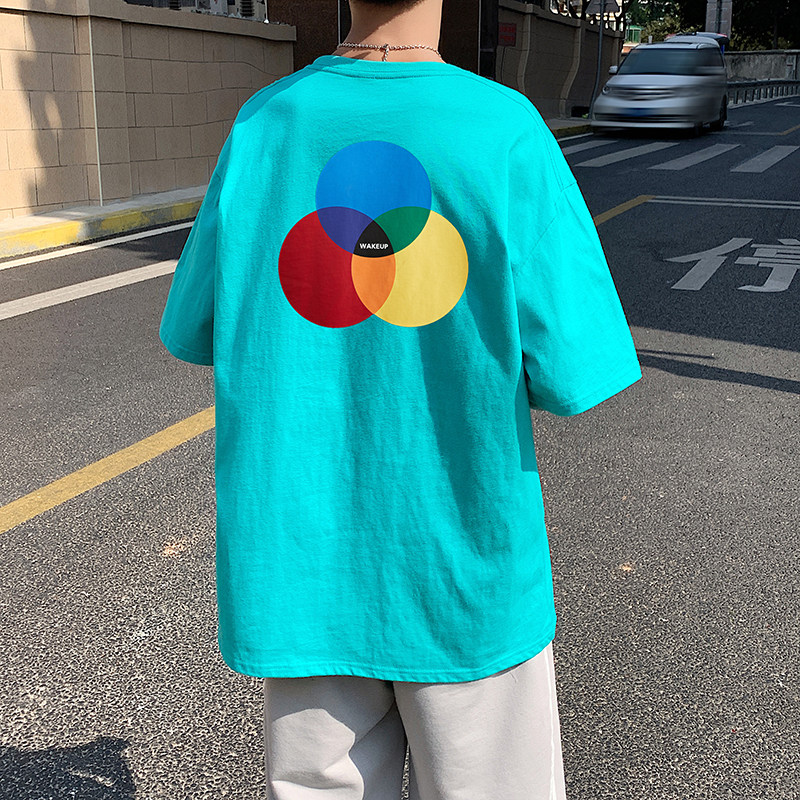 505-1-Y078中性风短袖t恤男韩版潮流宽松夏季潮牌大码祖母绿图片