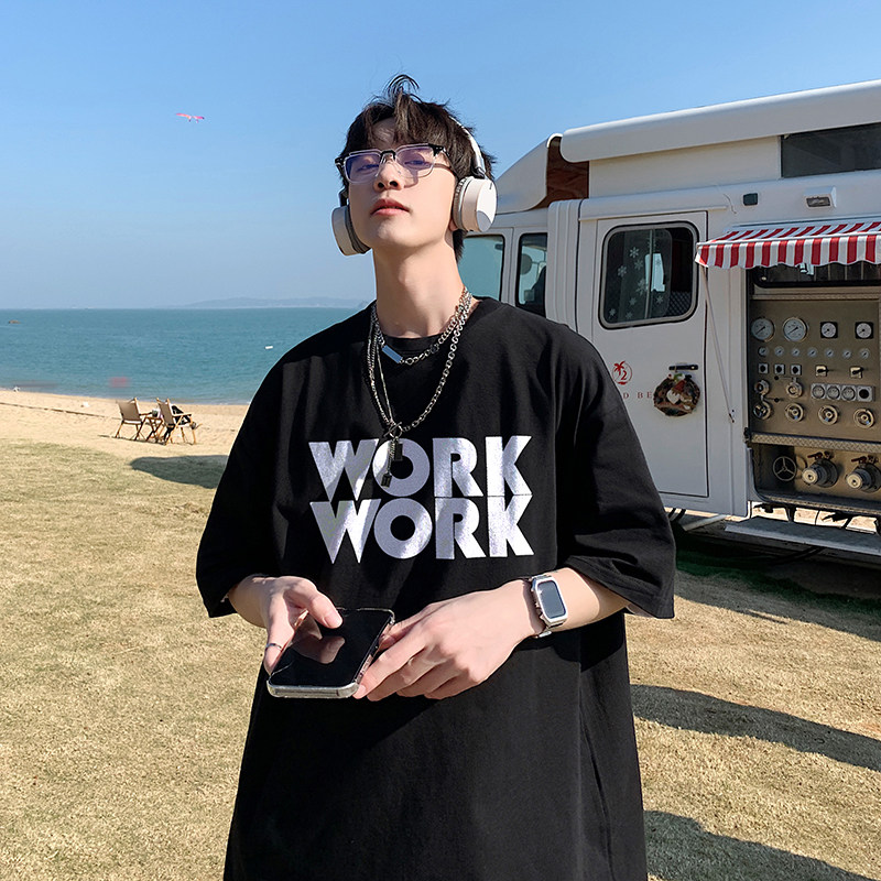 2023夏装新款英文印花宽松港仔百搭学生休闲圆领短袖t恤Y203P25,男装T恤,电商B219