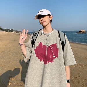 2023夏装新款爱心印花宽松港仔百搭学生休闲圆领短袖t恤Y280P25图片