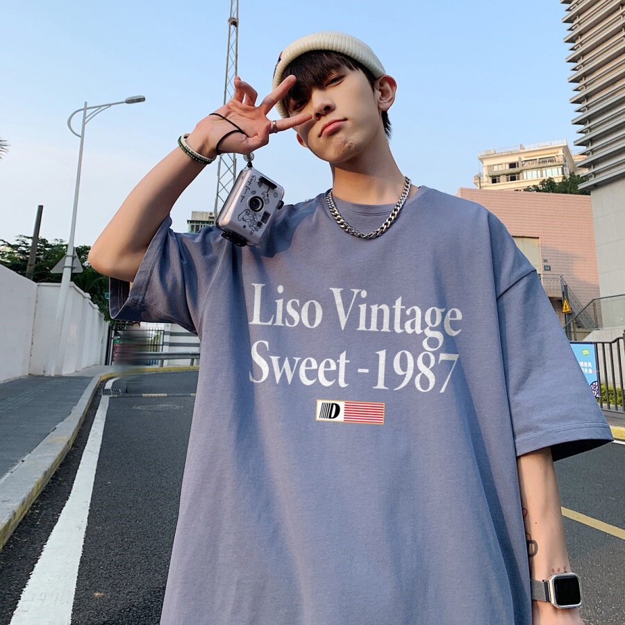2024夏装重磅品质纯棉港风男美式大版型宽松落肩短袖T恤Y623P25,男装T恤,电商B219