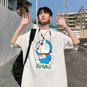 220克新款哆啦A梦印花宽松港仔百搭学生休闲圆领短袖t恤Y255P25白图片