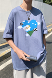 505-1-Y098夏季百搭休闲纯棉短袖T恤男港风宽松中性风云心蓝，男装T恤，电商B219
