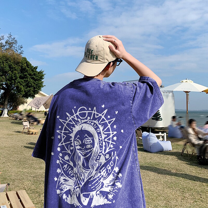 2023新款夏装纯棉圆领复古做旧宽松港仔短袖蜡染水洗T恤Y333P35,男装T恤,电商B219