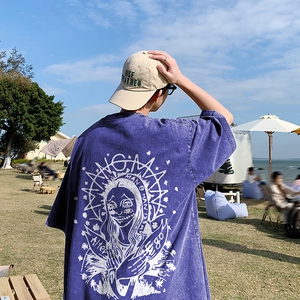 2023新款夏装纯棉圆领复古做旧宽松港仔短袖蜡染水洗T恤Y333P35