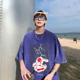 2023新款夏装纯棉圆领复古做旧宽松港仔短袖蜡染水洗T恤Y362P35，男装T恤，电商B219