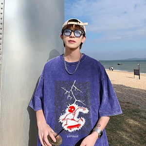 2023新款夏装纯棉圆领复古做旧宽松港仔短袖蜡染水洗T恤Y362P35图片